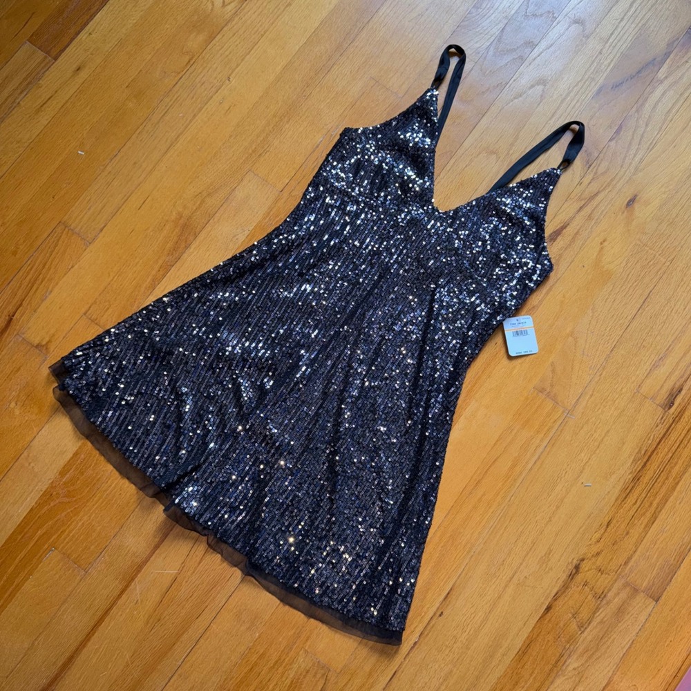 NEW Free People Intimately Sequin Mini Dress Black V-Neck S Glam A-line Cocktail - Picture 8 of 11